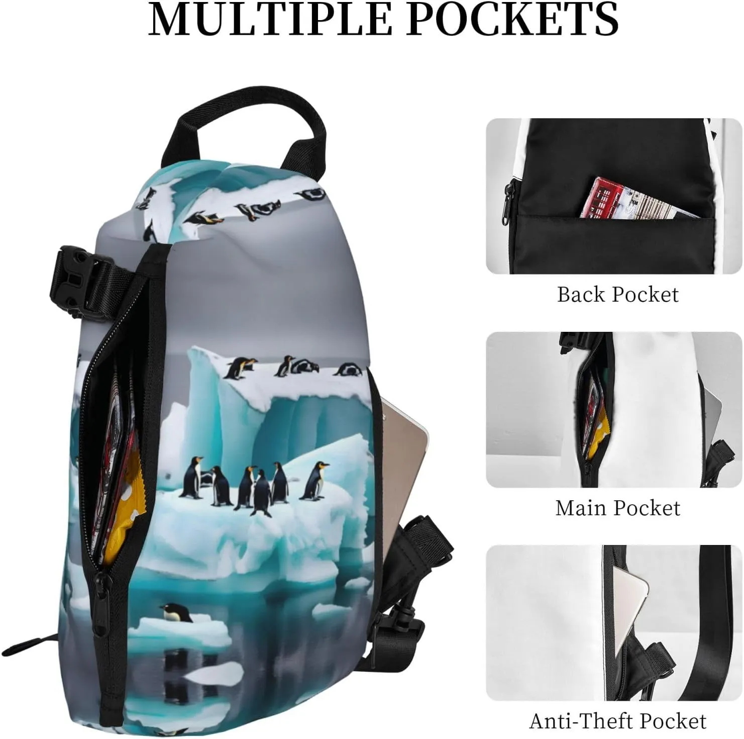 Penguins On The Iceberg Print Crossbody Backpack Casual Adjustable Bag Multifunctional Sling Backpack