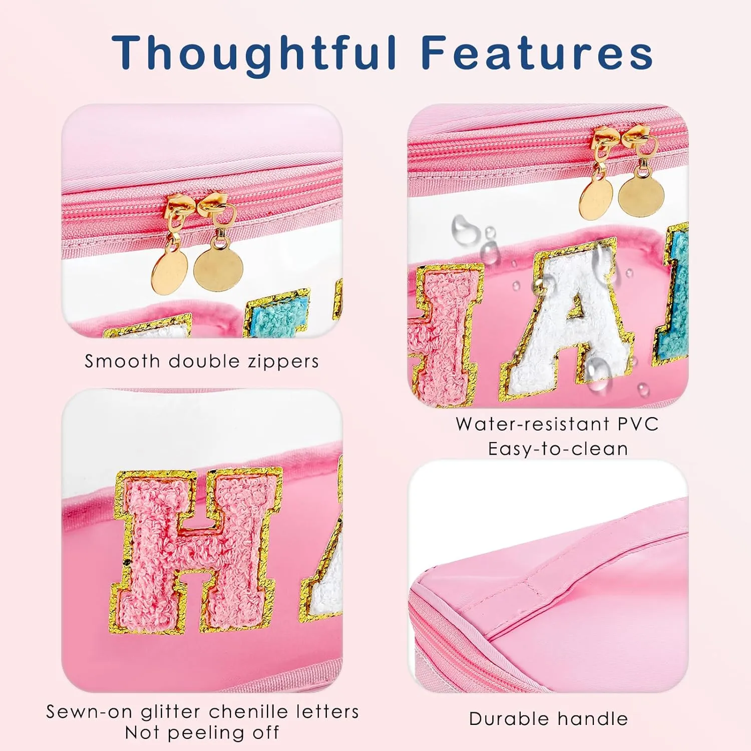 Personalized Chenille Letter Clear Hair Makeup Bag, Large Size Waterproof Nylon Cosmetic Toiletry Storage bag with Top Handle, Transparent Meds Hair Travel Organizer Cosmetic Bag(06Hair-Pink)
