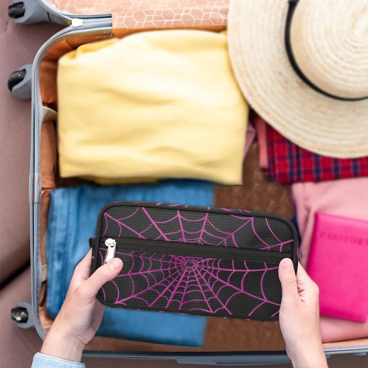 Personalized Gift Travel Makeup Bag Cosmetic Bag for Man Boy, Custom Shaving Bag Make Up Bag Organizer Toiletry Bag Christmas Birthday Gift for Boys Purple Black Spider Web