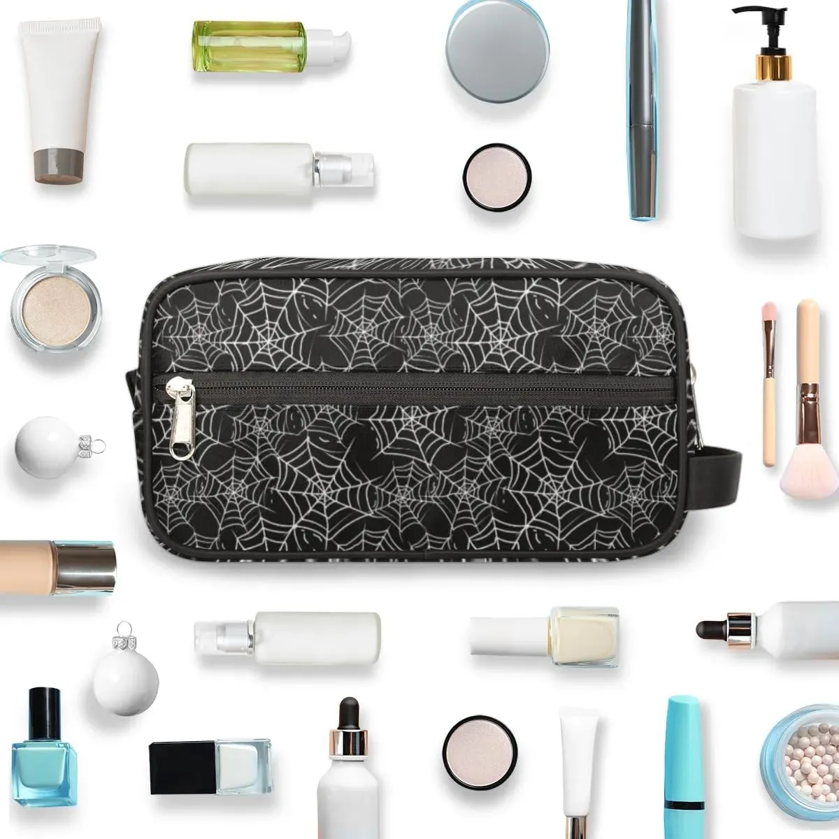 Personalized Gift Travel Makeup Bag Cosmetic Bag for Man Boy, Custom Shaving Bag Make Up Bag Organizer Toiletry Bag Christmas Birthday Gift for Boys Spider Webs Black White