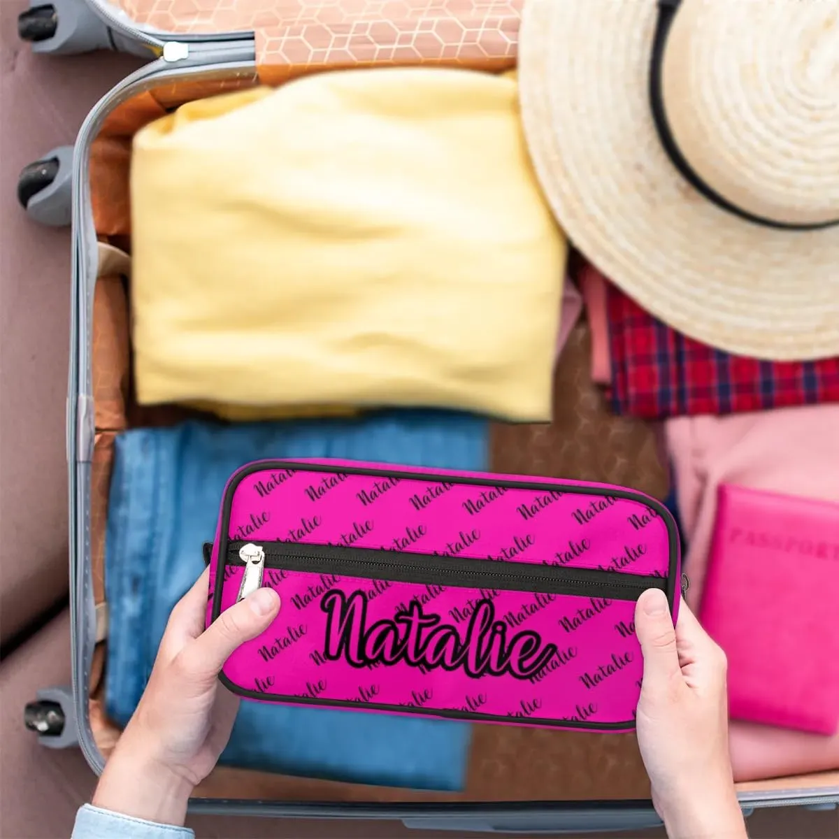 Personalized Gift Travel Makeup Bag for Women Man, Custom Cosmetic Bag Make Up Bag Organizer Toiletry Bag Christmas Birthday Gift for Girls Boys Name Hot Pink Black
