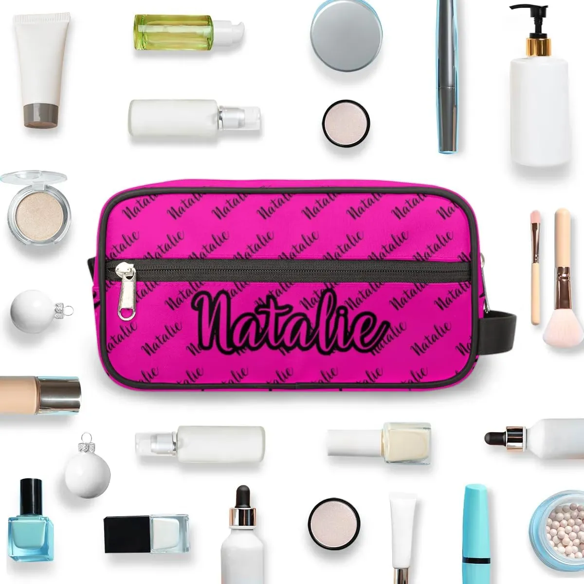 Personalized Gift Travel Makeup Bag for Women Man, Custom Cosmetic Bag Make Up Bag Organizer Toiletry Bag Christmas Birthday Gift for Girls Boys Name Hot Pink Black