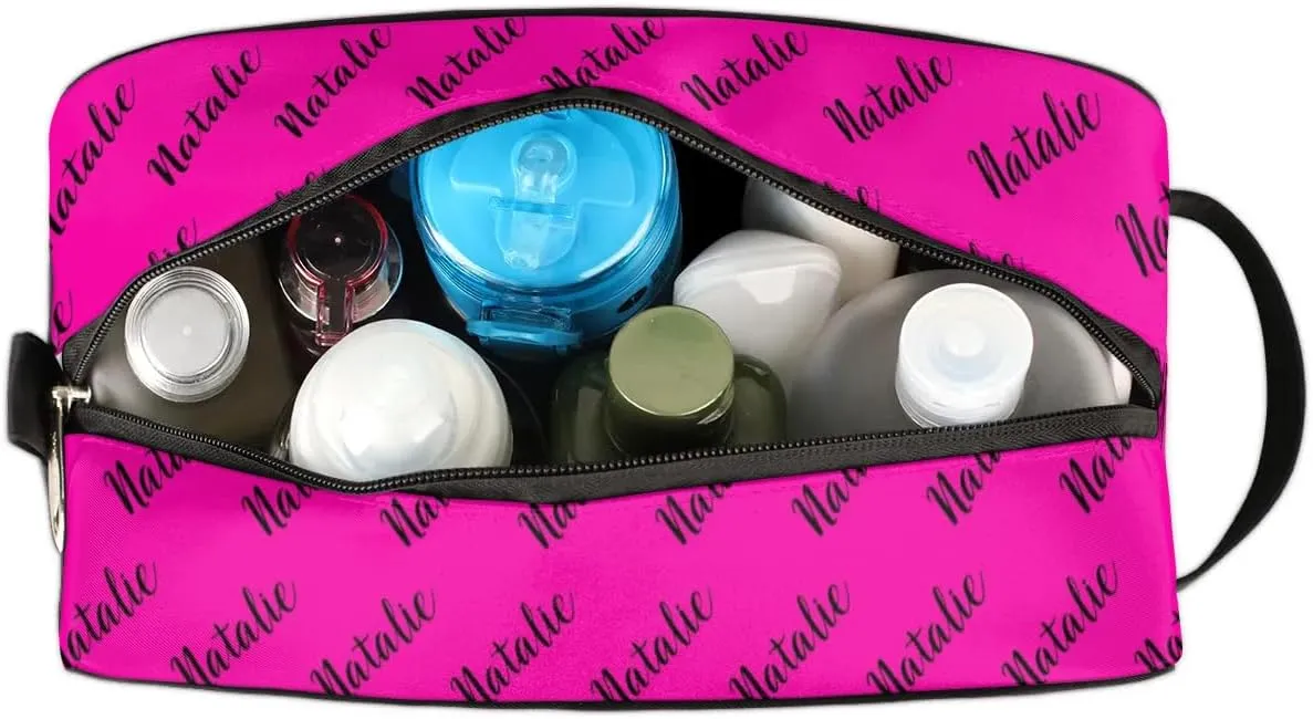 Personalized Gift Travel Makeup Bag for Women Man, Custom Cosmetic Bag Make Up Bag Organizer Toiletry Bag Christmas Birthday Gift for Girls Boys Name Hot Pink Black
