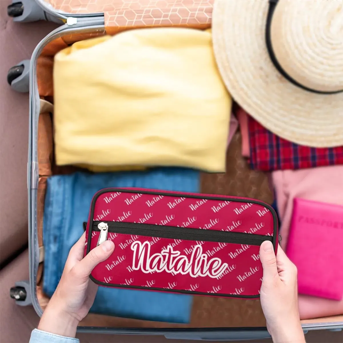 Personalized Gift Travel Makeup Bag for Women Man, Custom Cosmetic Bag Make Up Bag Organizer Toiletry Bag Christmas Birthday Gift for Girls Boys Name Red