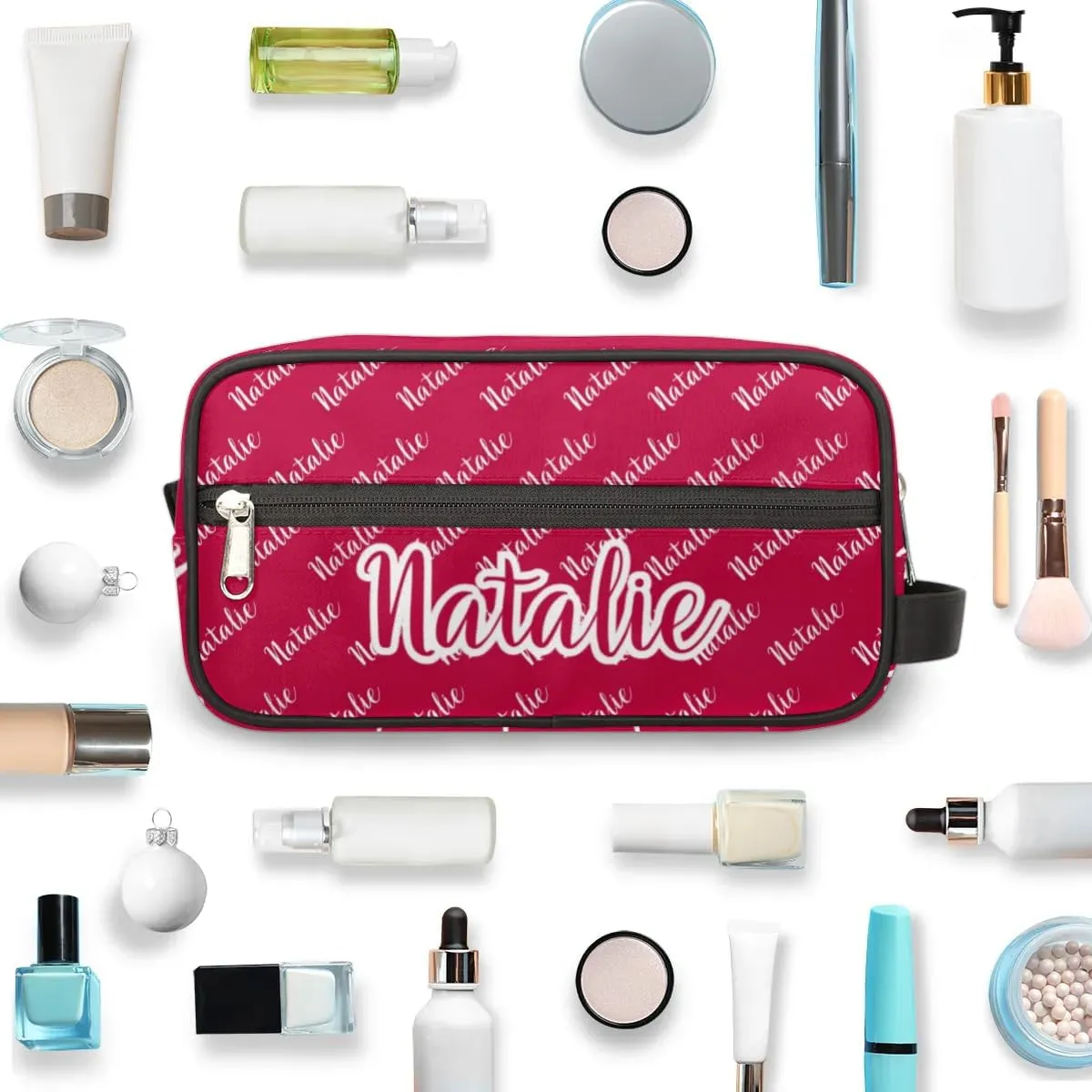 Personalized Gift Travel Makeup Bag for Women Man, Custom Cosmetic Bag Make Up Bag Organizer Toiletry Bag Christmas Birthday Gift for Girls Boys Name Red