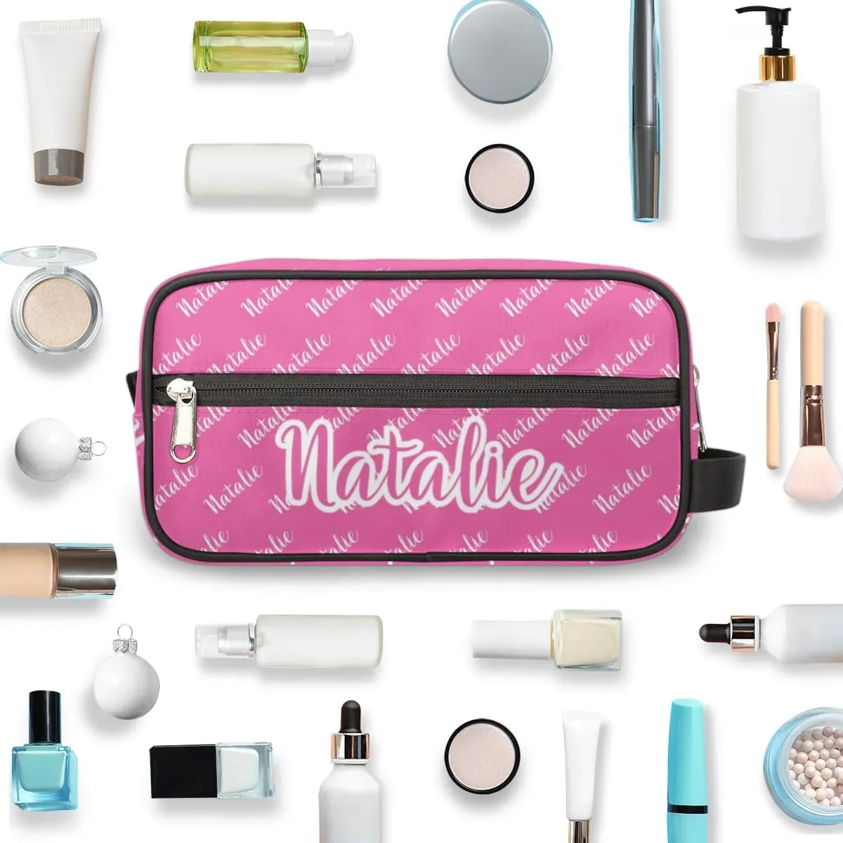 Personalized Gift Travel Makeup Bag for Women Man, Custom Cosmetic Bag Make Up Bag Organizer Toiletry Bag Christmas Birthday Gift for Girls Boys Pink Name