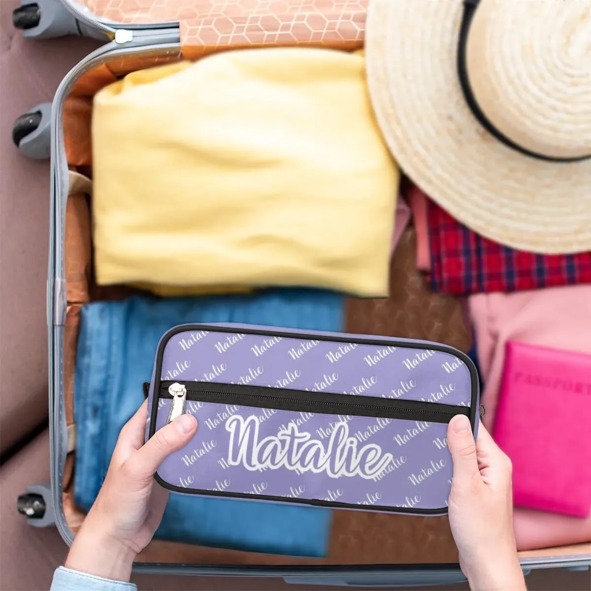 Personalized Gift Travel Makeup Bag for Women Man, Custom Cosmetic Bag Make Up Bag Organizer Toiletry Bag Christmas Birthday Gift for Girls Boys Purple Name