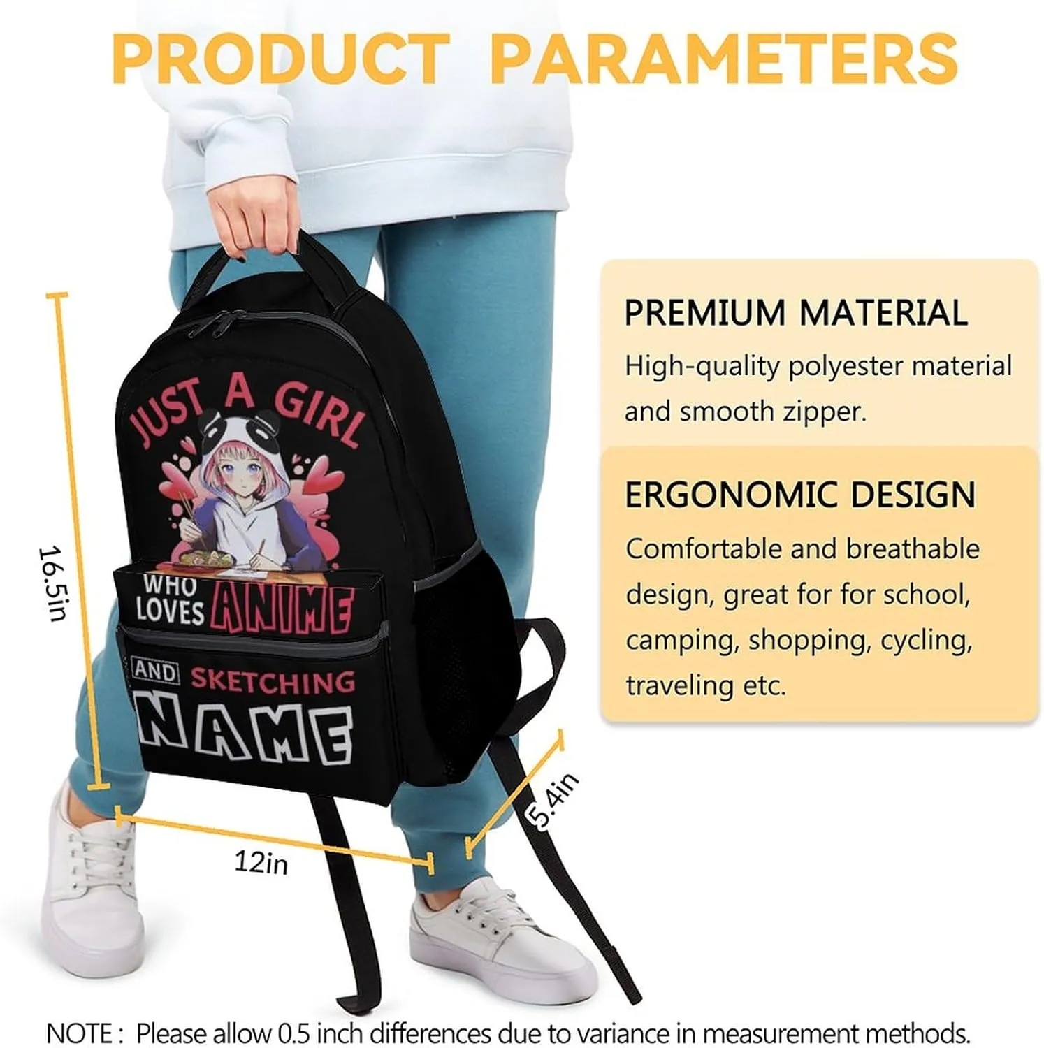 Personalized Girls School Backpack - 16 Inches Black Backpacks for Kids 6-8 Years - Lightweight Aesthetic Bookbag for Elementary