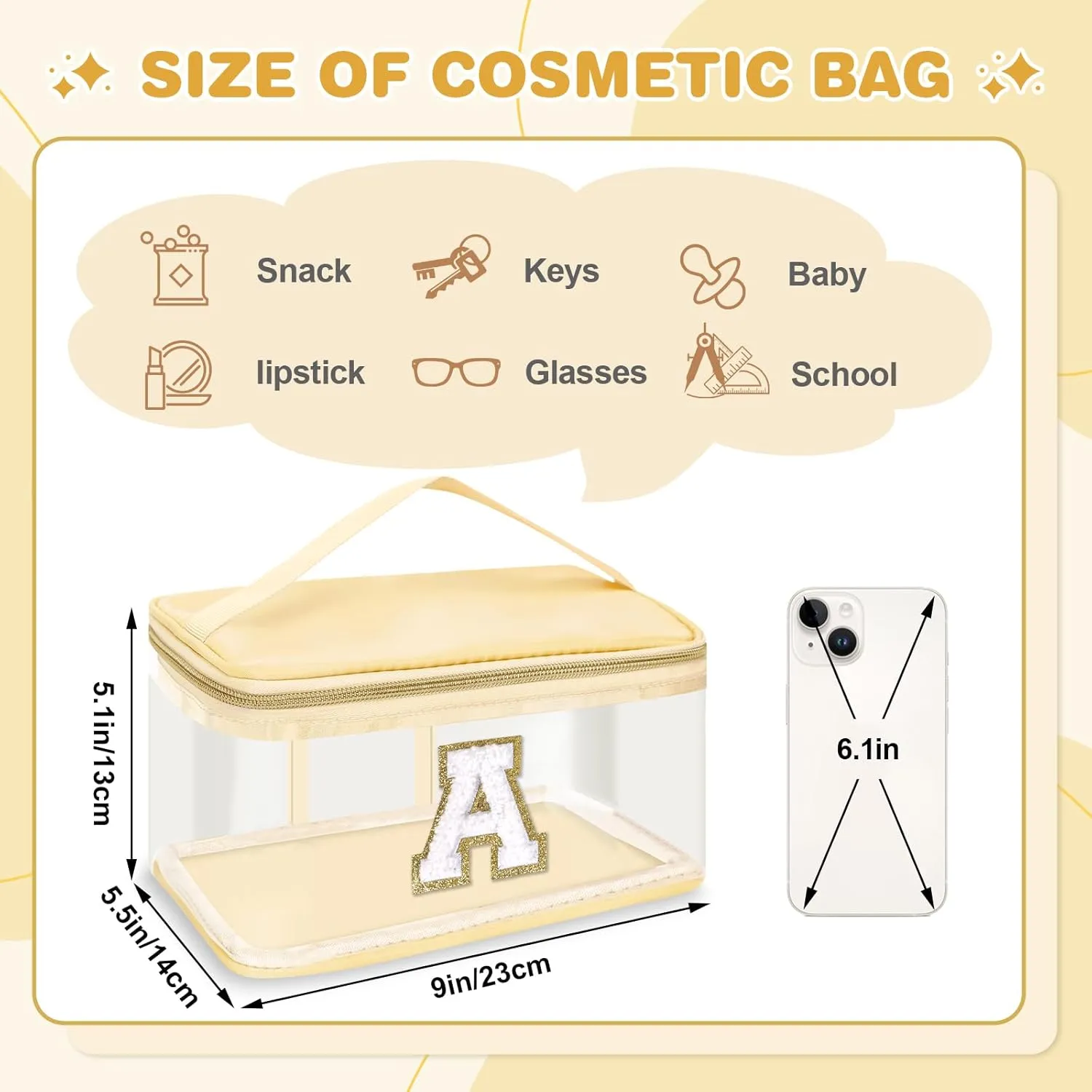 Personalized Initial Letter Patch Clear Makeup Bag,Cute Preppy Chenille Letter Travel Cosmetic Bag with Handle,Nylon Toiletry Bag Handbag,Large Make up Storage Zipper Pouch for Women,A