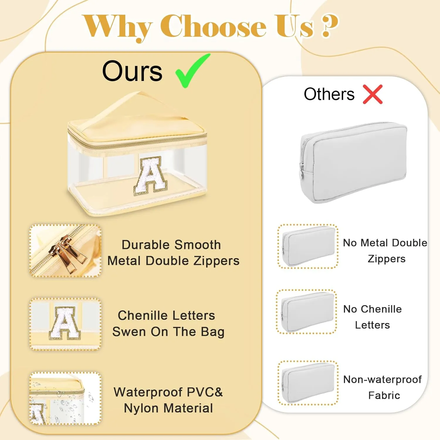 Personalized Initial Letter Patch Clear Makeup Bag,Cute Preppy Chenille Letter Travel Cosmetic Bag with Handle,Nylon Toiletry Bag Handbag,Large Make up Storage Zipper Pouch for Women,A