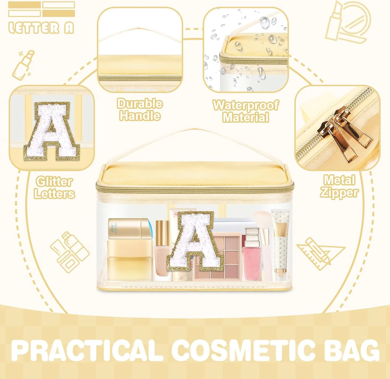 Personalized Initial Letter Patch Clear Makeup Bag,Cute Preppy Chenille Letter Travel Cosmetic Bag with Handle,Nylon Toiletry Bag Handbag,Large Make up Storage Zipper Pouch for Women,A