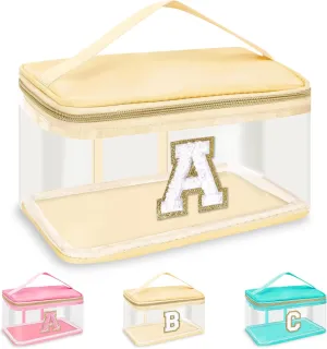 Personalized Initial Letter Patch Clear Makeup Bag,Cute Preppy Chenille Letter Travel Cosmetic Bag with Handle,Nylon Toiletry Bag Handbag,Large Make up Storage Zipper Pouch for Women,A
