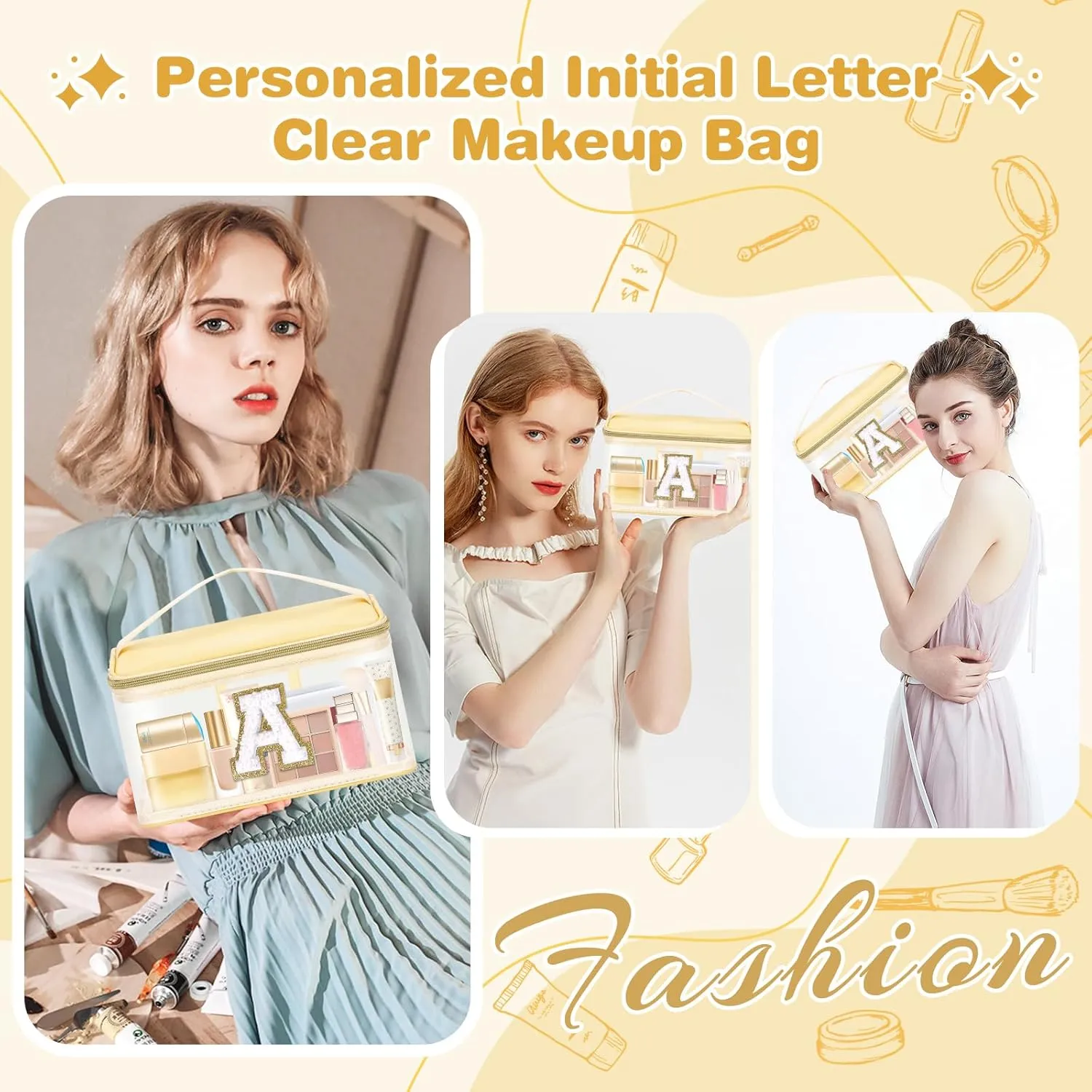 Personalized Initial Letter Patch Clear Makeup Bag,Cute Preppy Chenille Letter Travel Cosmetic Bag with Handle,Nylon Toiletry Bag Handbag,Large Make up Storage Zipper Pouch for Women,A