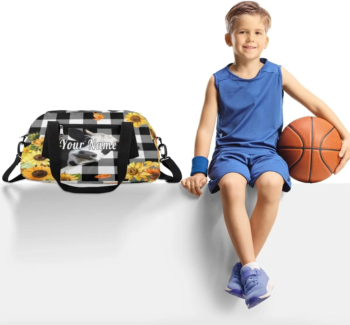Personalized Kids Duffel Bag Geometric Cute Sunflower Cow,Custom Sport Gym Bag for Boys Girls,WWeekender Overnight Bags Travel Duffel Bag,Customized Kids Gift