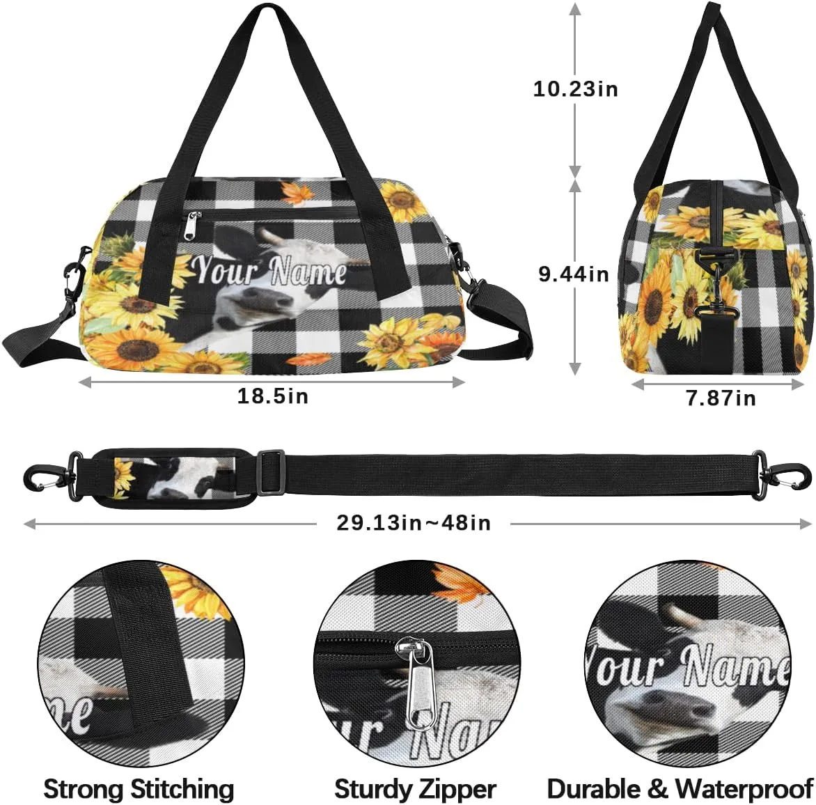 Personalized Kids Duffel Bag Geometric Cute Sunflower Cow,Custom Sport Gym Bag for Boys Girls,WWeekender Overnight Bags Travel Duffel Bag,Customized Kids Gift
