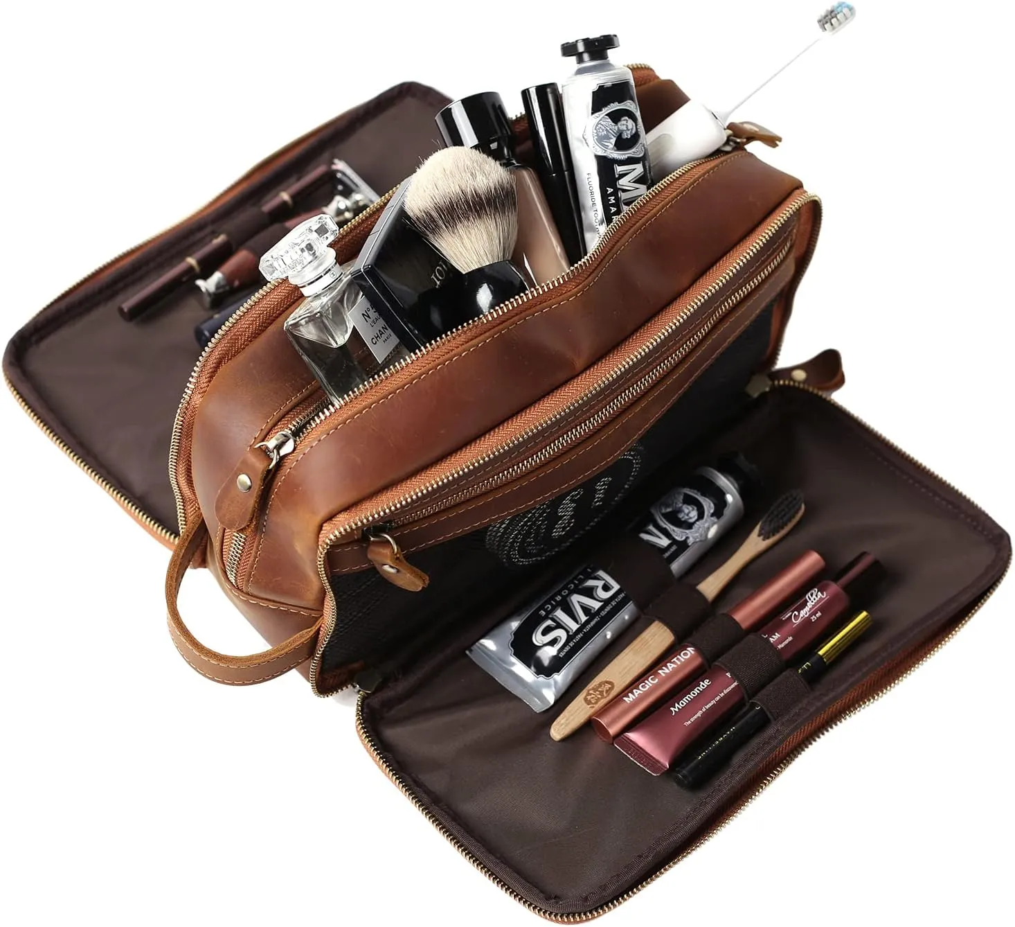 Personalized Leather Toiletry Bag for Men Travel Shaving Dopp Kit-Large Cosmetic Bags Toiletries Bathroom Organizer