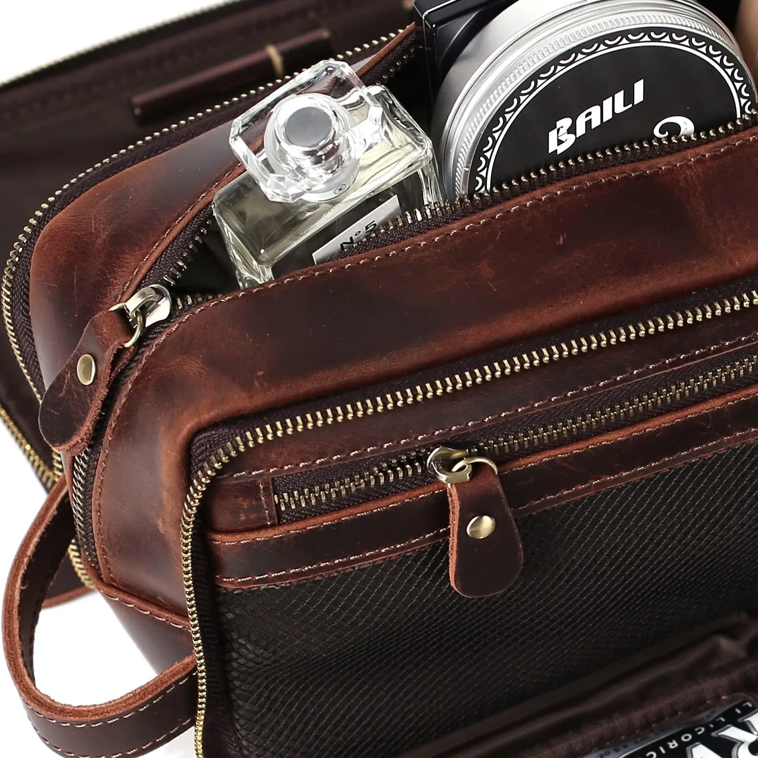 Personalized Leather Toiletry Bag for Men Travel Shaving Dopp Kit-Large Cosmetic Bags Toiletries Bathroom Organizer