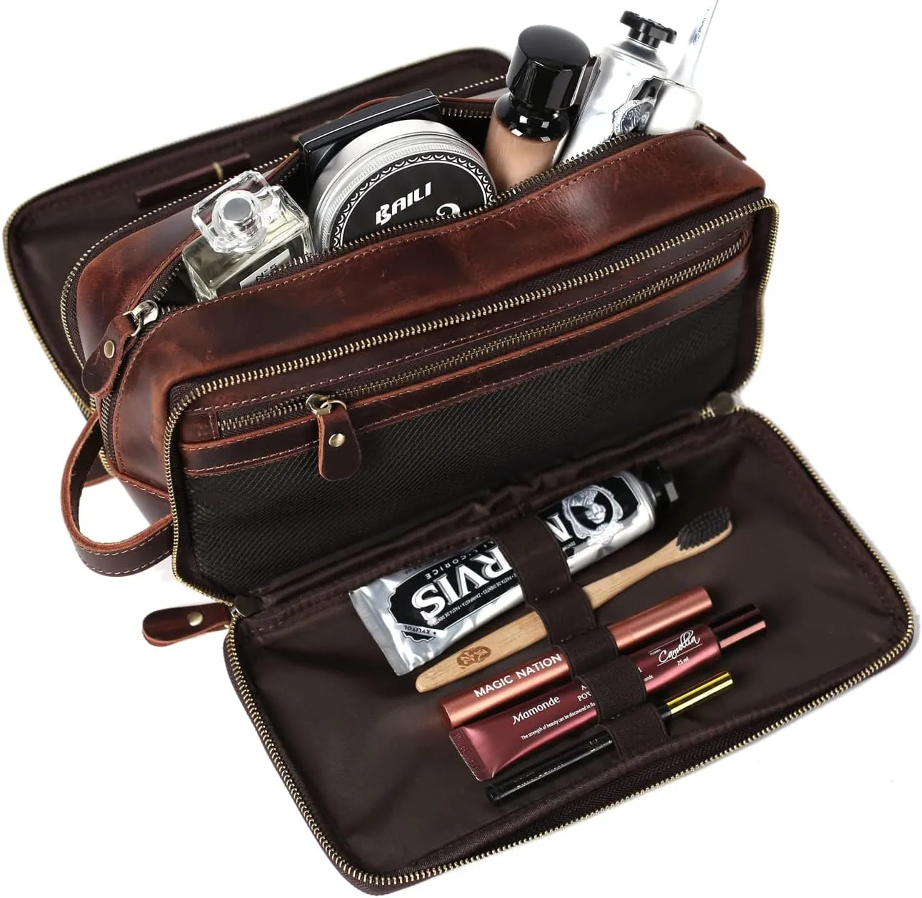 Personalized Leather Toiletry Bag for Men Travel Shaving Dopp Kit-Large Cosmetic Bags Toiletries Bathroom Organizer