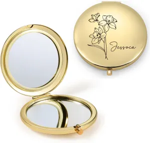 Personalized Name Pocket Mirror with Birth Flower, Makeup Mirror for Travel, Ultra Thin Compact Vanity, Portable for Handbag, Purse, Travel Essential (A- Gold)