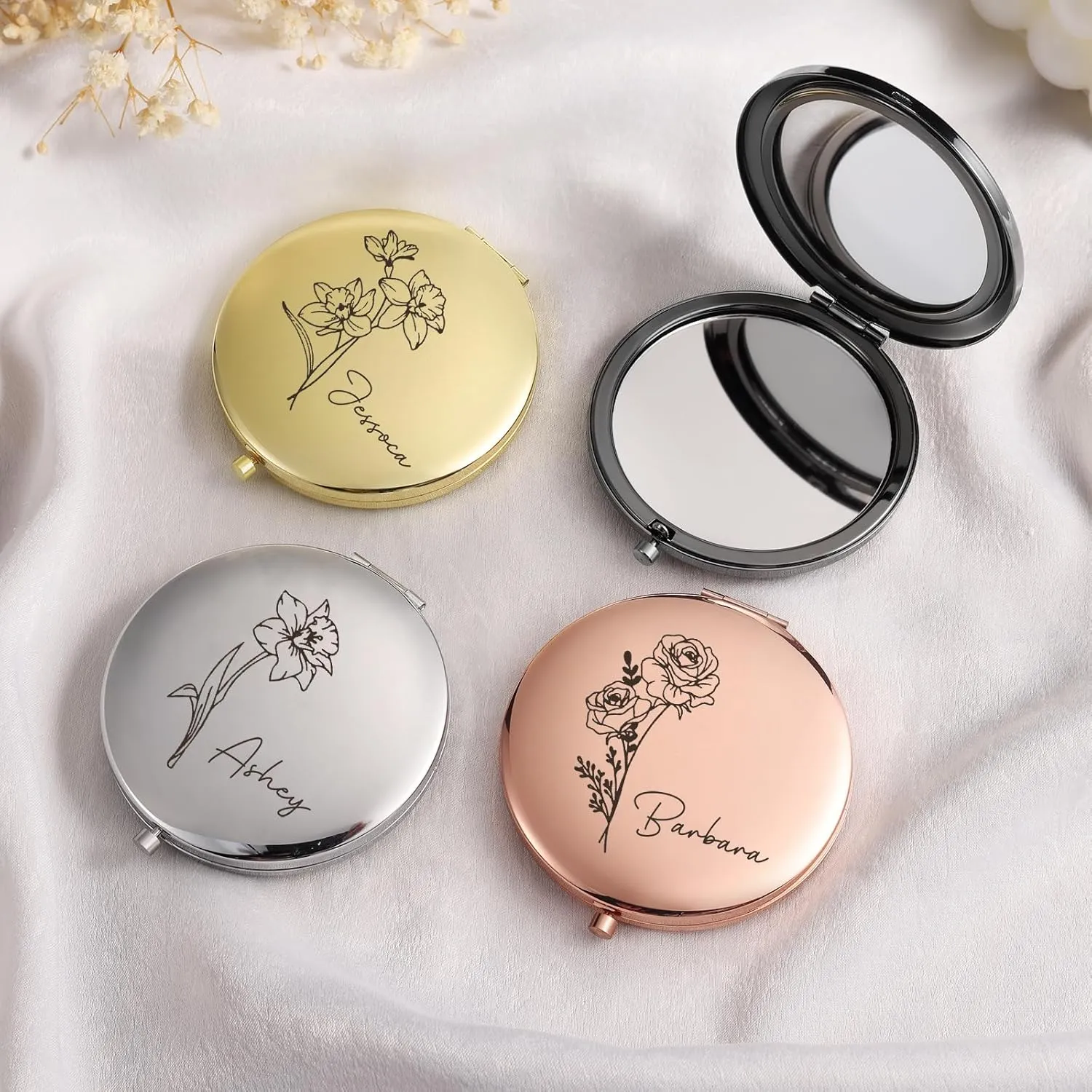 Personalized Name Pocket Mirror with Birth Flower, Makeup Mirror for Travel, Ultra Thin Compact Vanity, Portable for Handbag, Purse, Travel Essential (A- Gold)