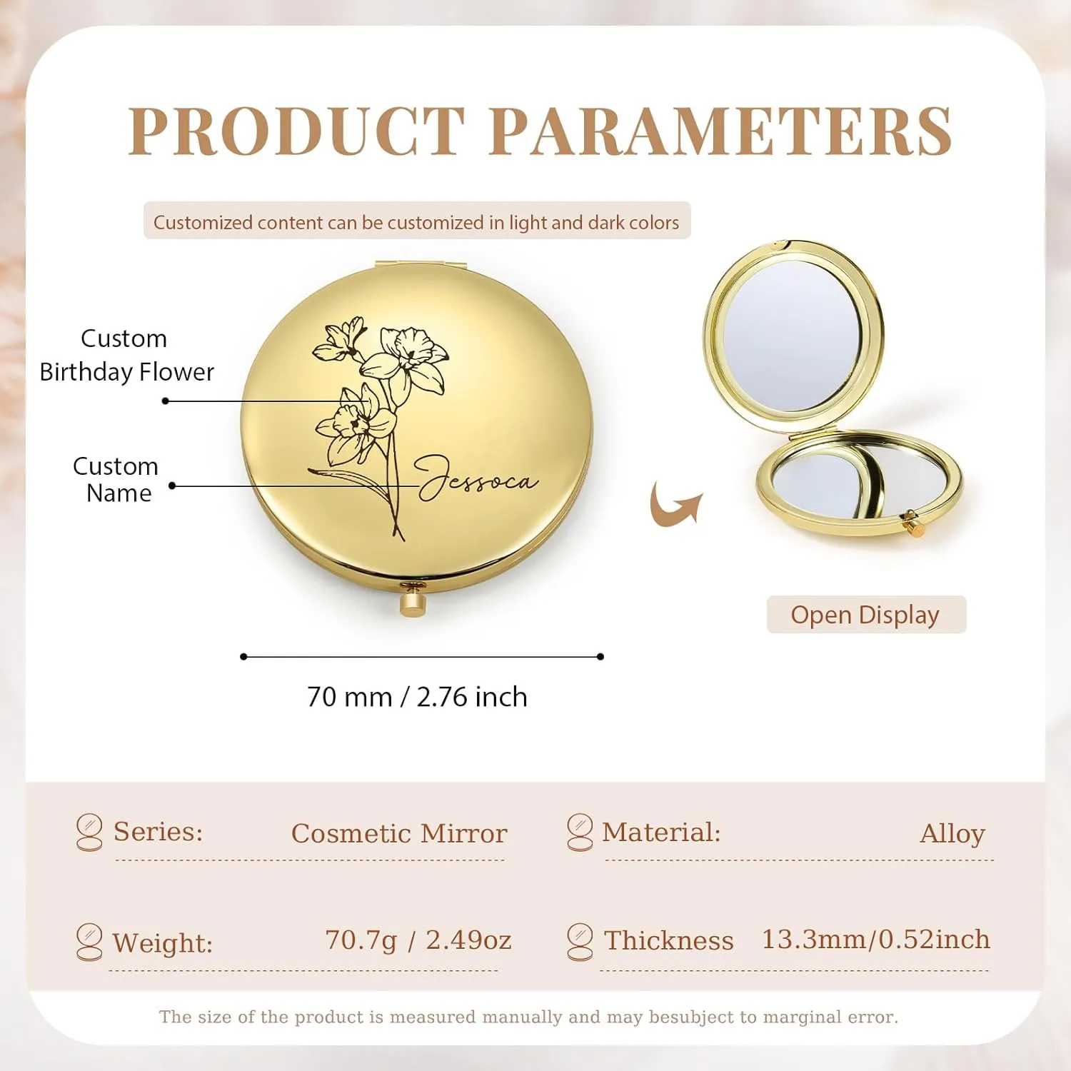 Personalized Name Pocket Mirror with Birth Flower, Makeup Mirror for Travel, Ultra Thin Compact Vanity, Portable for Handbag, Purse, Travel Essential (A- Gold)