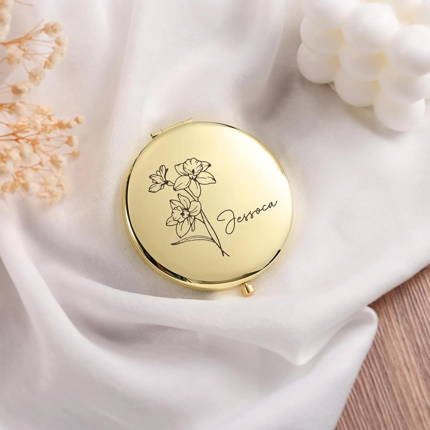 Personalized Name Pocket Mirror with Birth Flower, Makeup Mirror for Travel, Ultra Thin Compact Vanity, Portable for Handbag, Purse, Travel Essential (A- Gold)