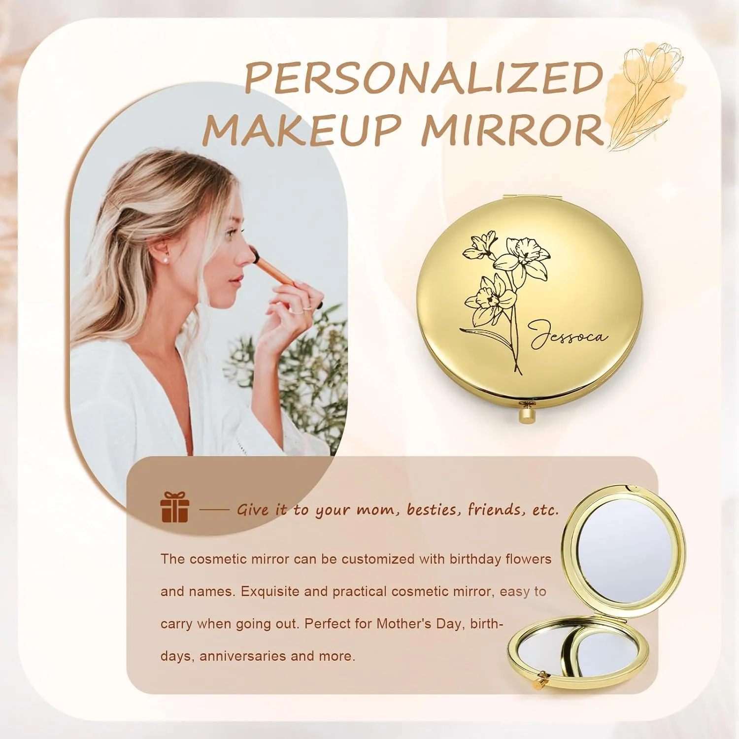 Personalized Name Pocket Mirror with Birth Flower, Makeup Mirror for Travel, Ultra Thin Compact Vanity, Portable for Handbag, Purse, Travel Essential (A- Gold)