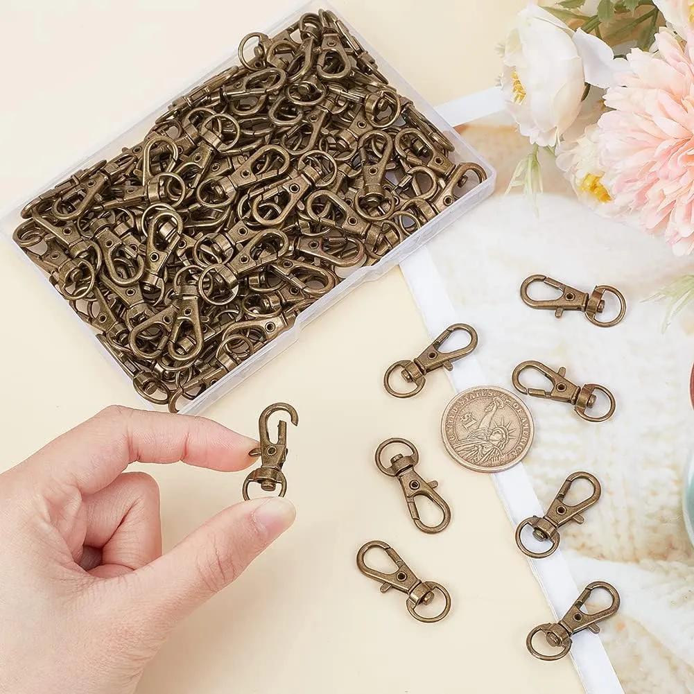 PH PandaHall 100 Pieces Iron Lobster Claw Clasps Swivel LanyardsTrigger Snap Hooks Strap 32.5x11mm for Keychain, DIY Bags and Jewelry Findings Antique Bronze