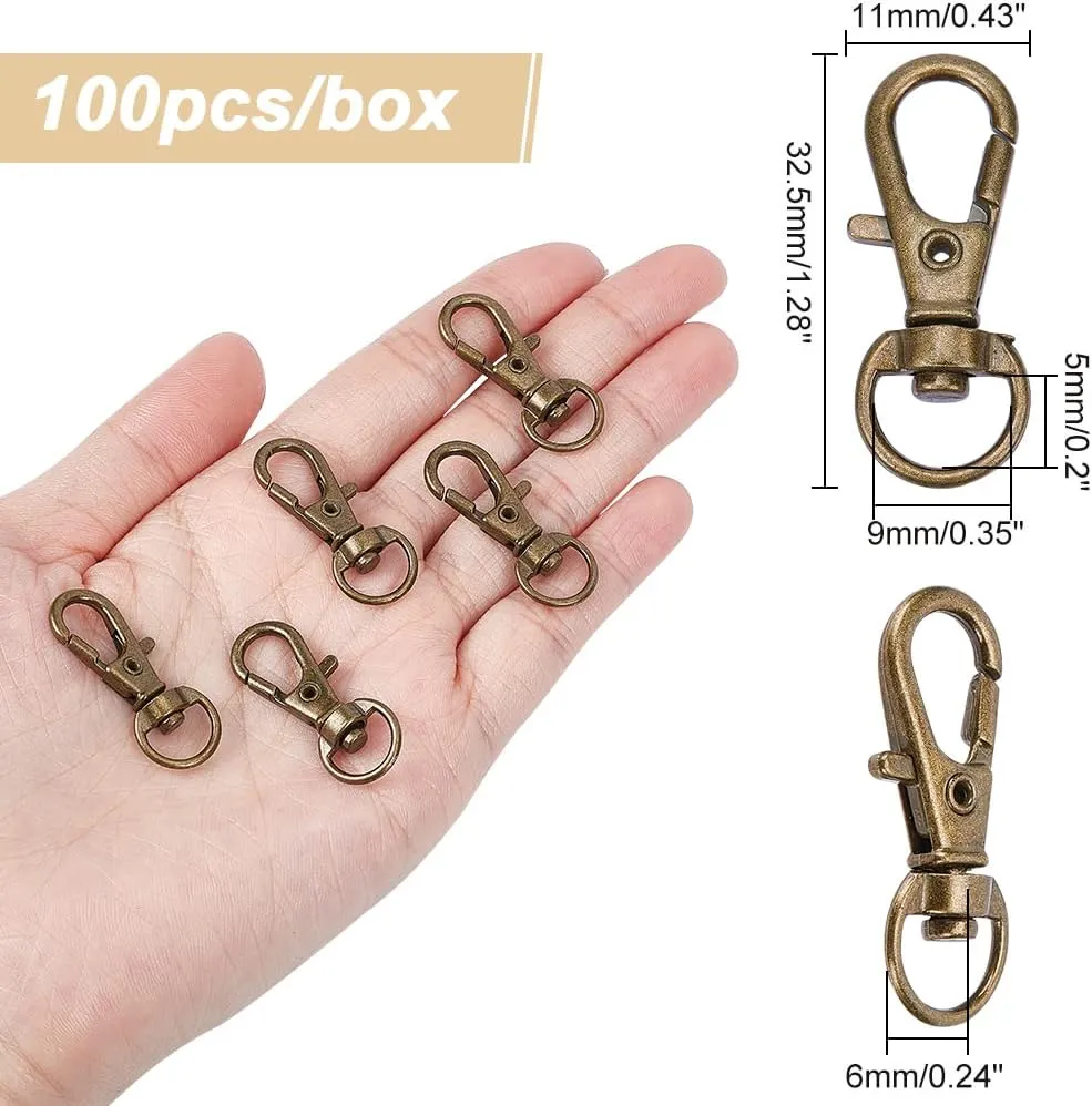PH PandaHall 100 Pieces Iron Lobster Claw Clasps Swivel LanyardsTrigger Snap Hooks Strap 32.5x11mm for Keychain, DIY Bags and Jewelry Findings Antique Bronze
