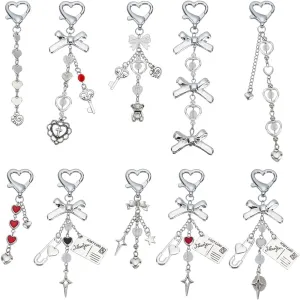 PH PandaHall 10pcs Heart Keychains, Bow Charm Keychains with Brooch Pins Bows Pendants Key Chain Clip Beaded Keyring Heart Key Rings for Graduation Car Keys Women Handbag Backpacks Wedding Bouquet
