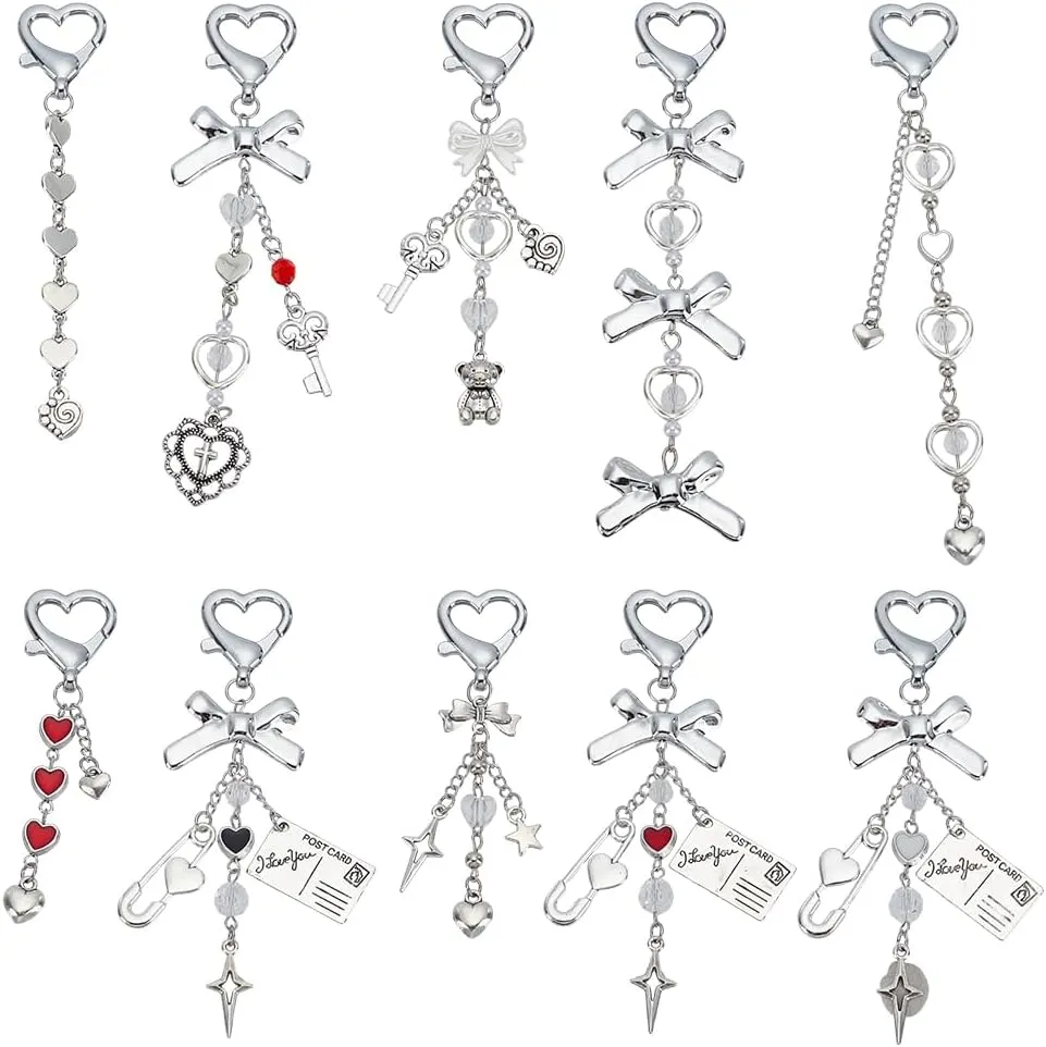 PH PandaHall 10pcs Heart Keychains, Bow Charm Keychains with Brooch Pins Bows Pendants Key Chain Clip Beaded Keyring Heart Key Rings for Graduation Car Keys Women Handbag Backpacks Wedding Bouquet