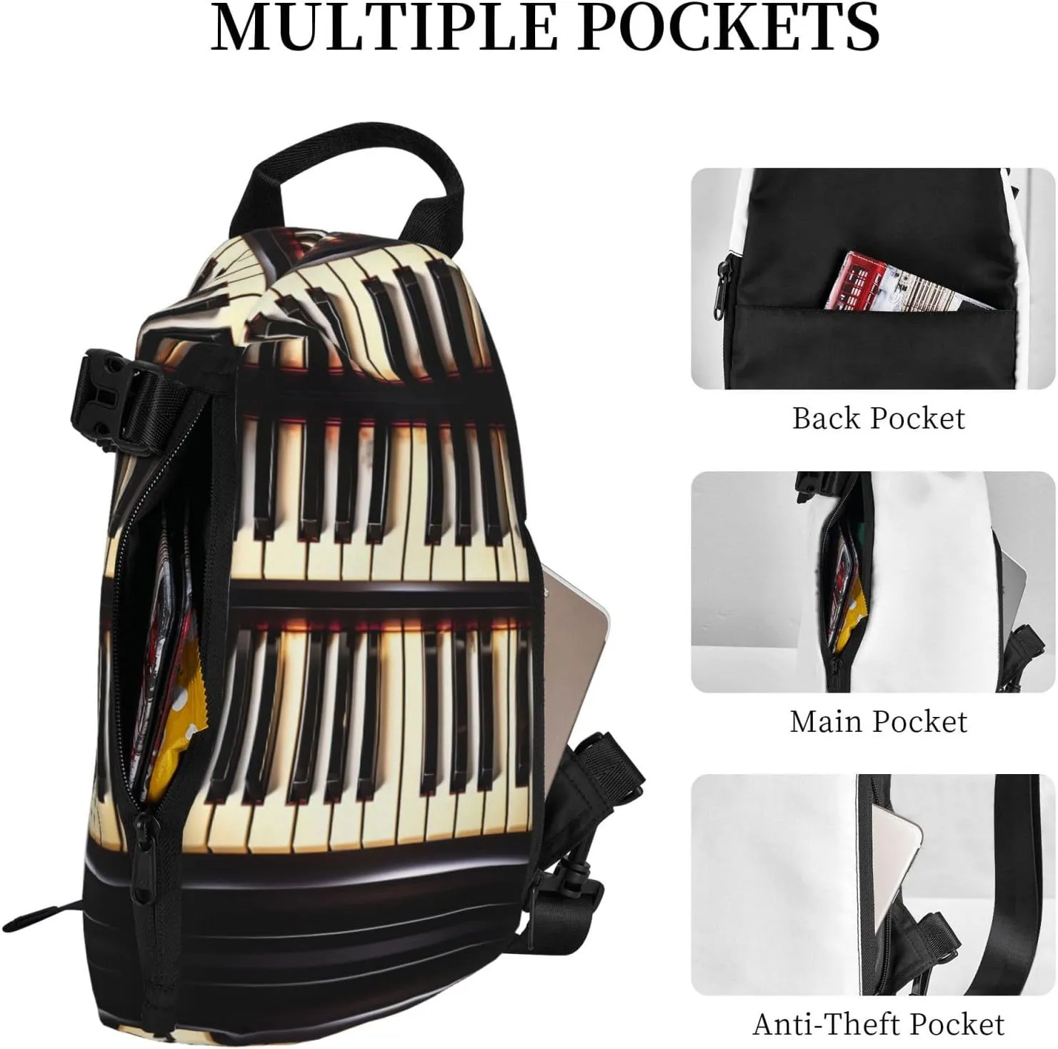 Piano Keys With Musical Notes Print Crossbody Backpack Casual Adjustable Bag Multifunctional Sling Backpack