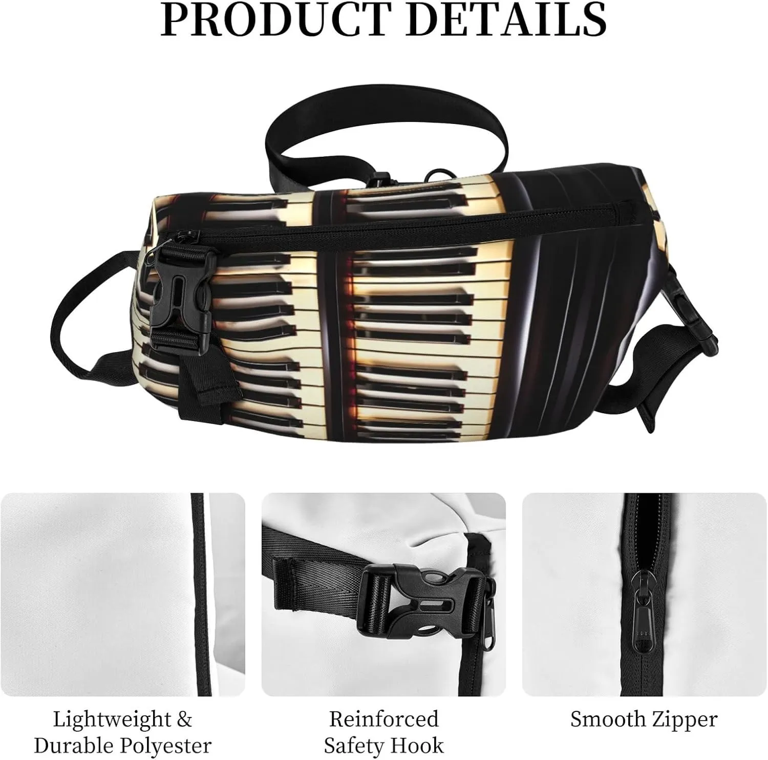 Piano Keys With Musical Notes Print Crossbody Backpack Casual Adjustable Bag Multifunctional Sling Backpack