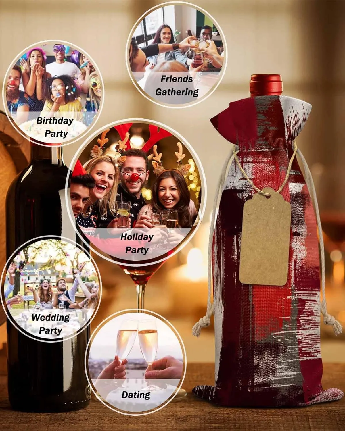 PIEPLE Modern Gradual Red 10PCS Wine Bottle Bags, Wine Bottle Cover with Drawstring, Gift Bag for Champagne, Wedding, Birthday, Party Geometric Abstract White Painting Art
