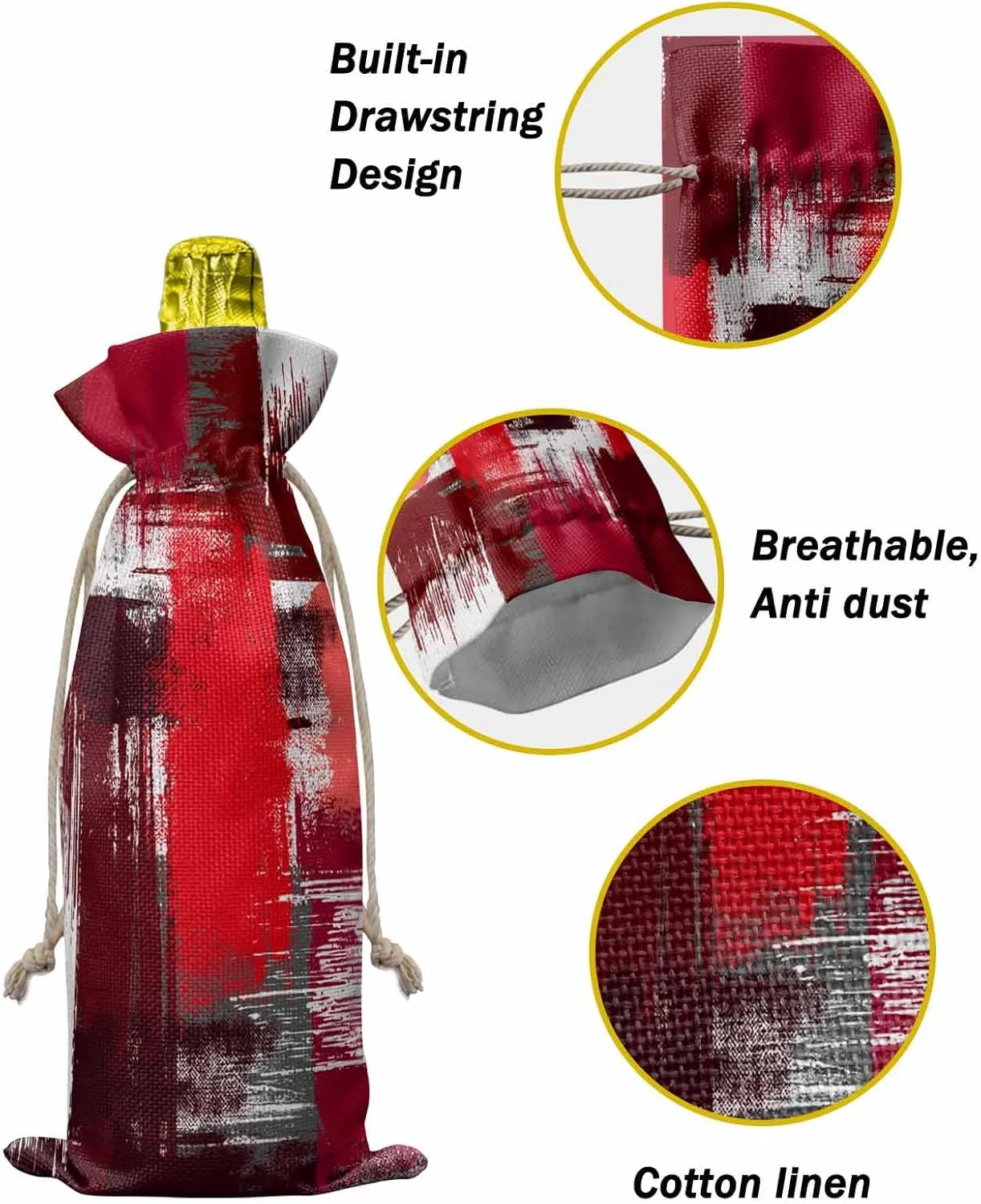 PIEPLE Modern Gradual Red 10PCS Wine Bottle Bags, Wine Bottle Cover with Drawstring, Gift Bag for Champagne, Wedding, Birthday, Party Geometric Abstract White Painting Art