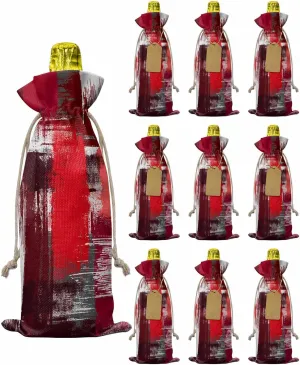 PIEPLE Modern Gradual Red 10PCS Wine Bottle Bags, Wine Bottle Cover with Drawstring, Gift Bag for Champagne, Wedding, Birthday, Party Geometric Abstract White Painting Art