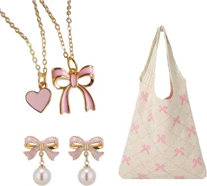 Pink Bow Crochet Tote Bags for Women,Coquette Jewelry Set,Beach Mesh Knitted Shoulder Bag,Gold Bow &Heart Necklace,Bow Pearl Earrings,Valentines Day Gifts,Coquette Aesthetic Gifts for Her