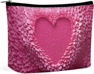 Pink Texture Makeup Bag,Portable Cosmetic Bag,Large Capacity Travel Toiletry Bag,Personalised for Women Geometric Heart Travel Makeup Bag with Zipper