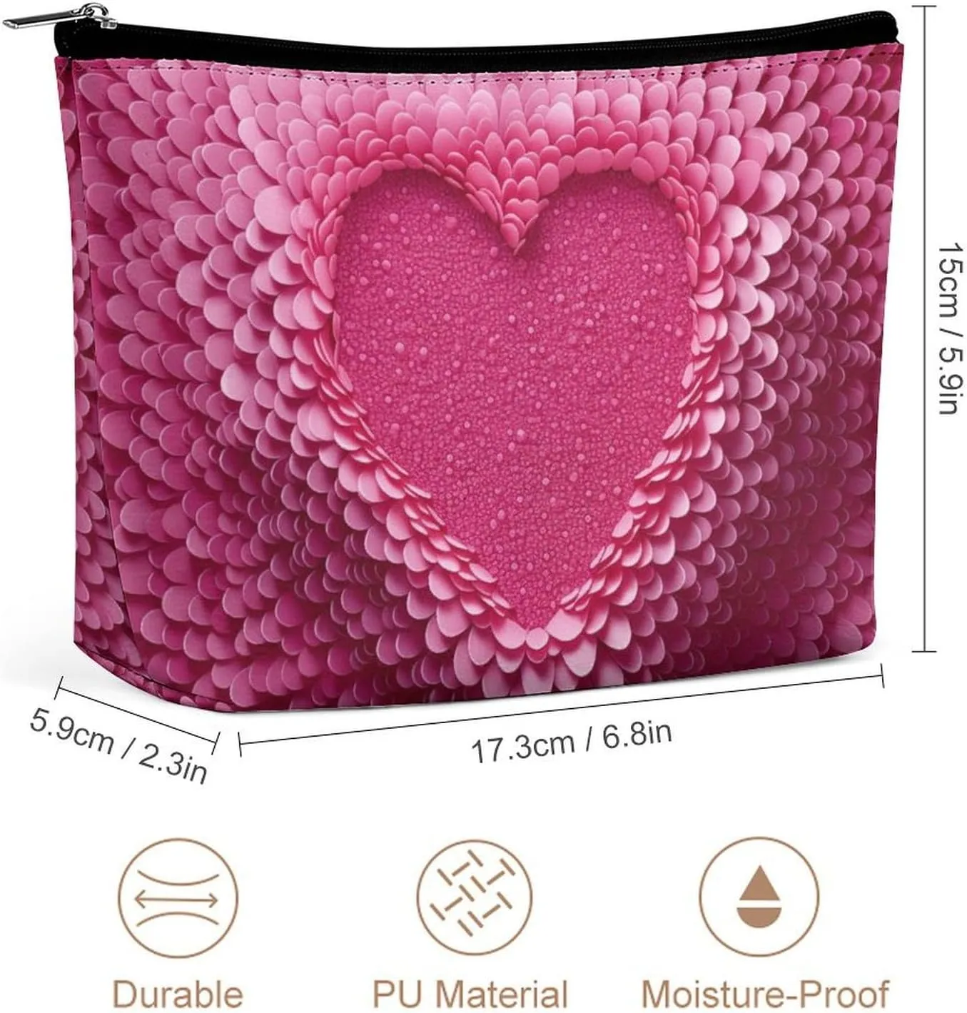 Pink Texture Makeup Bag,Portable Cosmetic Bag,Large Capacity Travel Toiletry Bag,Personalised for Women Geometric Heart Travel Makeup Bag with Zipper