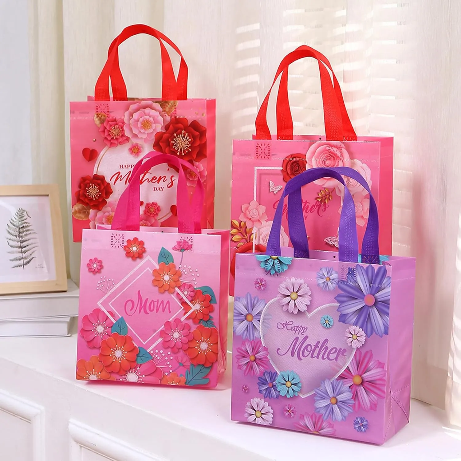 piqiya 12pcs Mother's Day Non-woven Bags Reusable Gift Bags for Mothers Day，Thanksgiving Day，Birthday