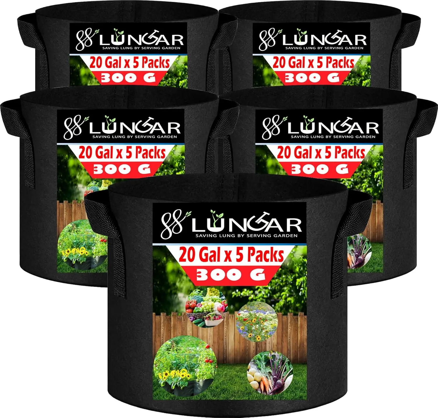 Plant Grow Bags - 20 Gallon 5 Packs Planter Pot, Thickest Aeration 300G Non-Woven Fabric, Reinforced Handles for Weatherproof Nursery Pot, Enhanced Double Seam