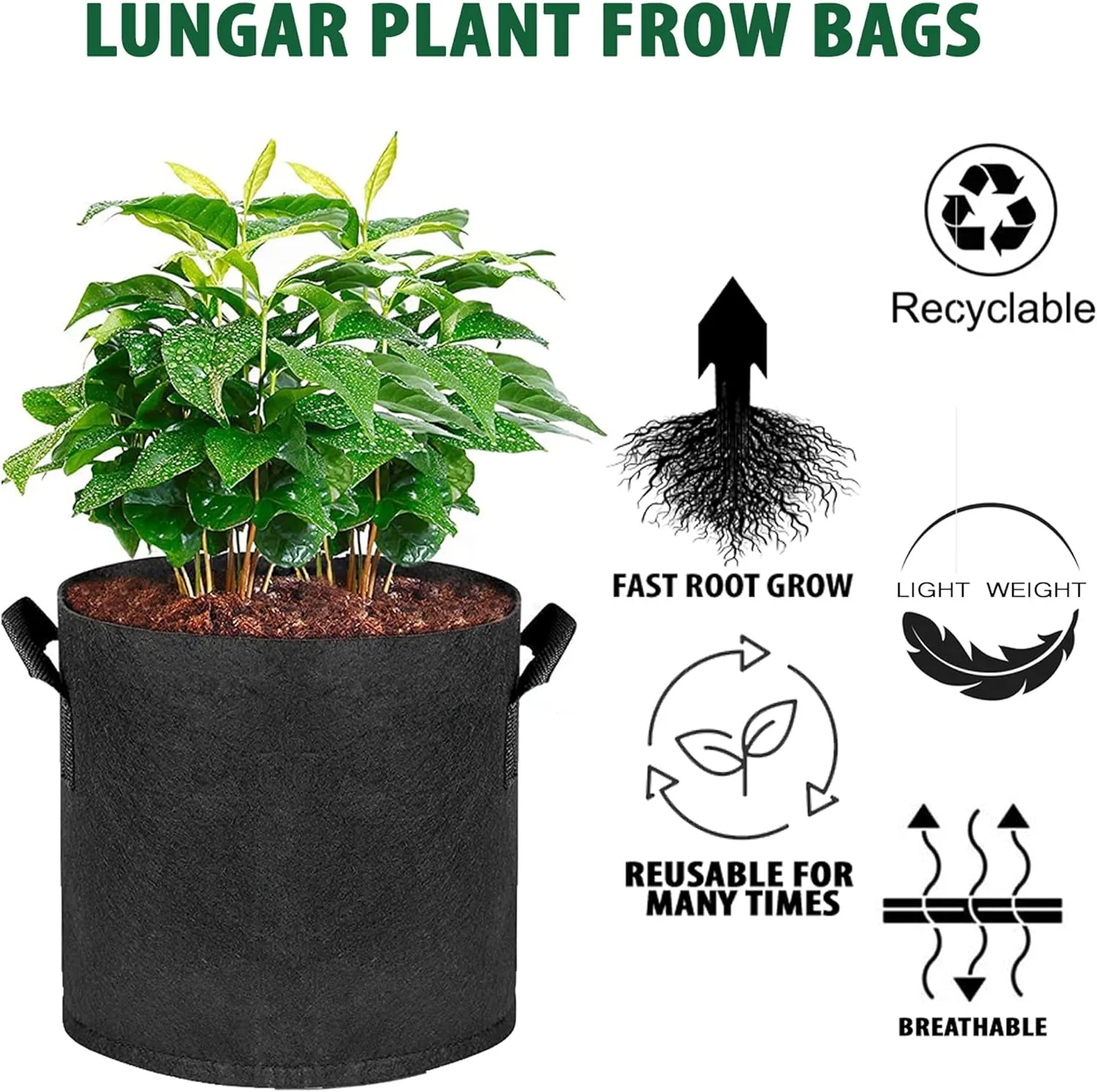 Plant Grow Bags - 20 Gallon 5 Packs Planter Pot, Thickest Aeration 300G Non-Woven Fabric, Reinforced Handles for Weatherproof Nursery Pot, Enhanced Double Seam