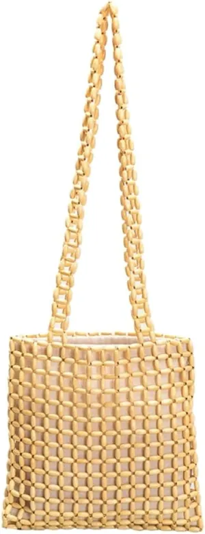 Pocadri Wood Beads Shoulder Bag for Women Large Totes Handmade Hollow Handbag Purses Woven Summer Beach Top Handle Bag