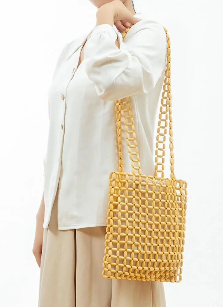 Pocadri Wood Beads Shoulder Bag for Women Large Totes Handmade Hollow Handbag Purses Woven Summer Beach Top Handle Bag