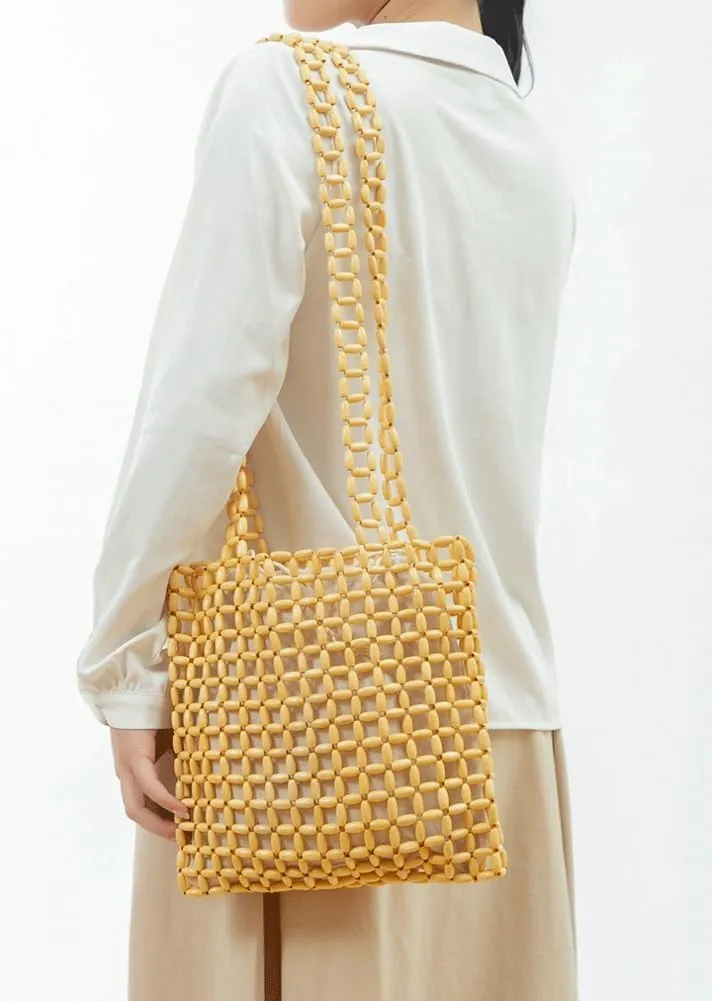 Pocadri Wood Beads Shoulder Bag for Women Large Totes Handmade Hollow Handbag Purses Woven Summer Beach Top Handle Bag