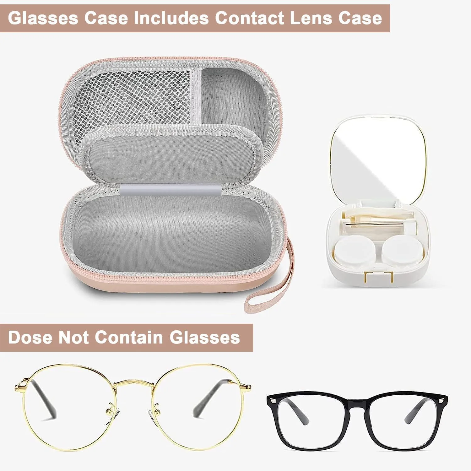 Portable 2 in 1 Contact Lens Case and Glasses Case, Traveling Contact Cases Bag Box Holder with Soak Storage Kit Included Built-in Mirror, Tweezer, Contact Lens Solution Bottle and Hand Strap-Gold