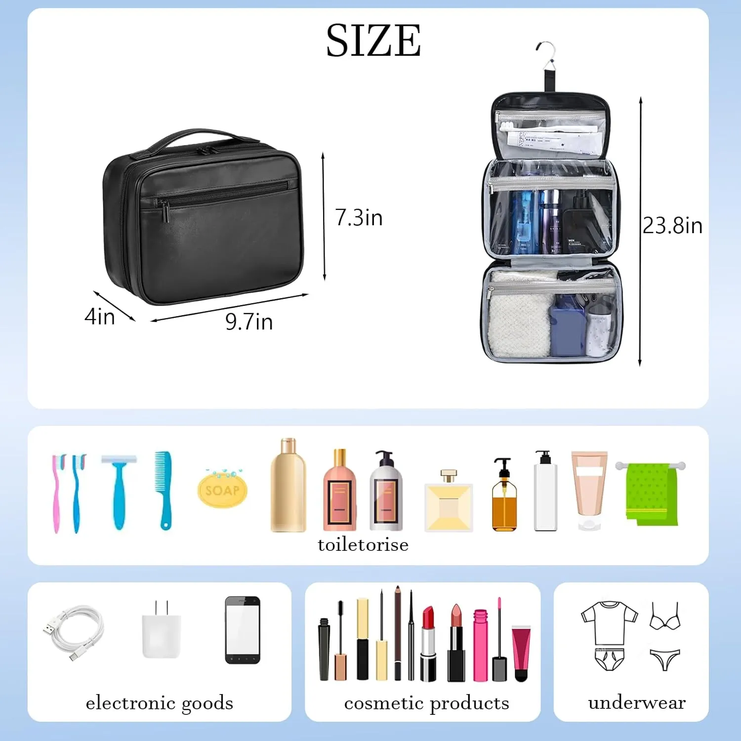 Portable Hanging Travel Toiletry Bags for Men Women Leather Toiletry Bag Waterproof Clear Toiletry Bag Large Organizer Bag for Toiletries
