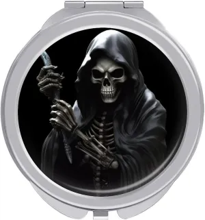 Portable Makeup Mirror Grim-Reaper Printed Pocket Mirror 2X Magnifying Folding Vanity Mirror Double Sided Cosmetic Mirror for Handbag Pocket Travel