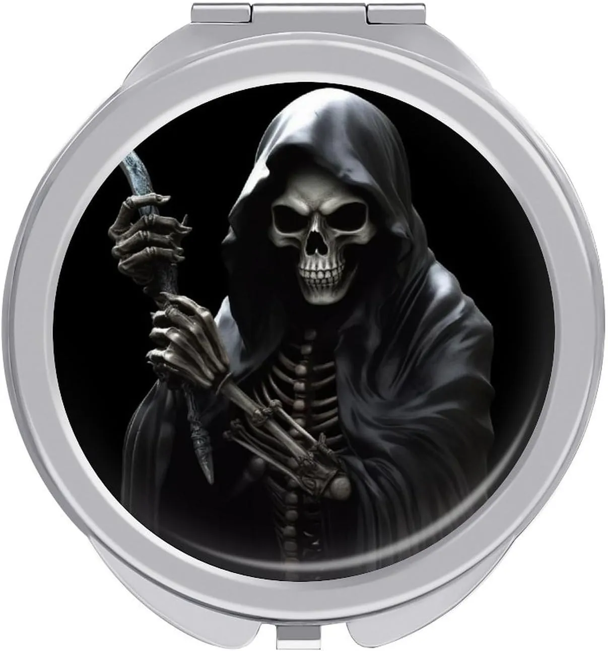 Portable Makeup Mirror Grim-Reaper Printed Pocket Mirror 2X Magnifying Folding Vanity Mirror Double Sided Cosmetic Mirror for Handbag Pocket Travel
