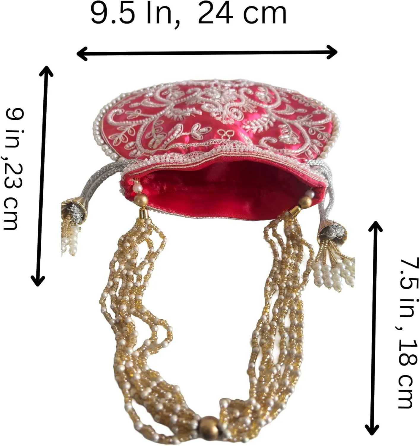 Potli Bag for Women Ethnic Gold, Pearl Handle Floral Accents, Drawstring Closure Pearls Handle Batwa Clutch Purse